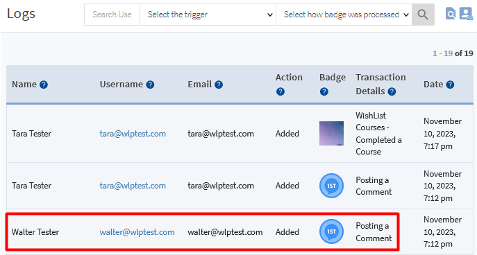 CourseCure Badges - Badge Logs