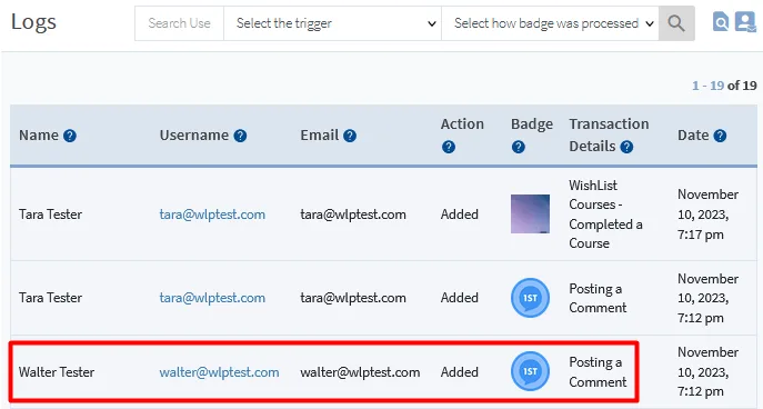 CourseCure Badges - Badge Logs