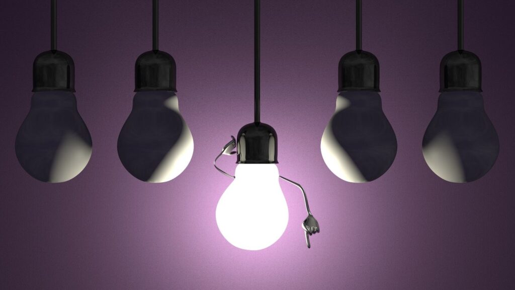 Light bulbs in sockets, moment of insight on violet