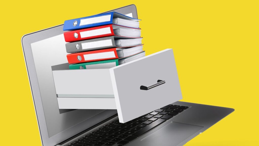 Digital Archive. Drawer with Stacked Folders Sticking Out of Laptop Screen on Yellow Background
