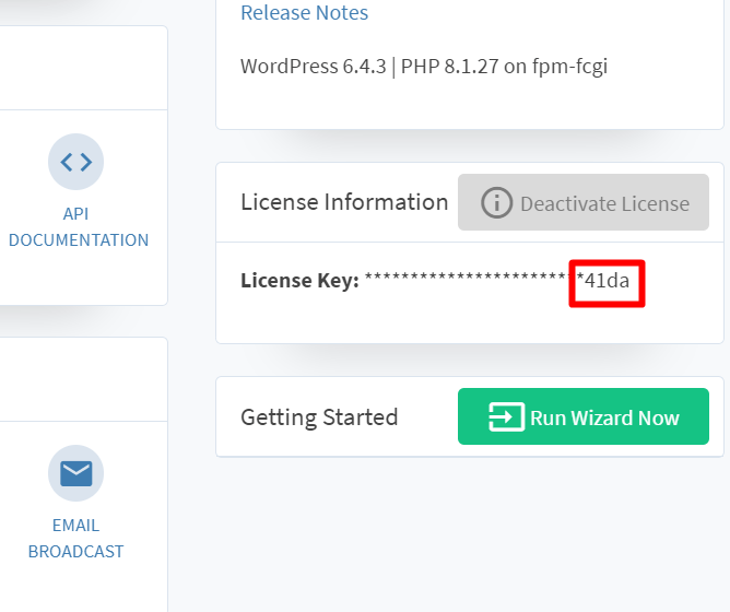 Imaging showing the last four digits of a license key for WishList Member.