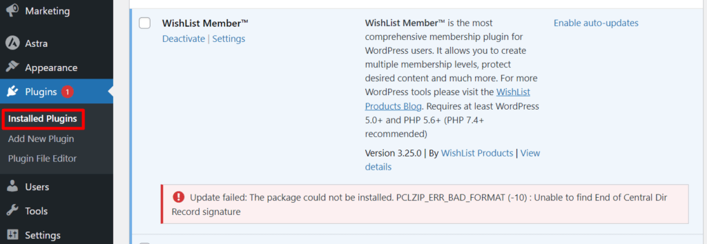 Image showing a Update failed: The package could not be installed. PCLZIP_ERR_BAD_FORMAT (-10) : Unable to find End of Central Dir Record signature error.