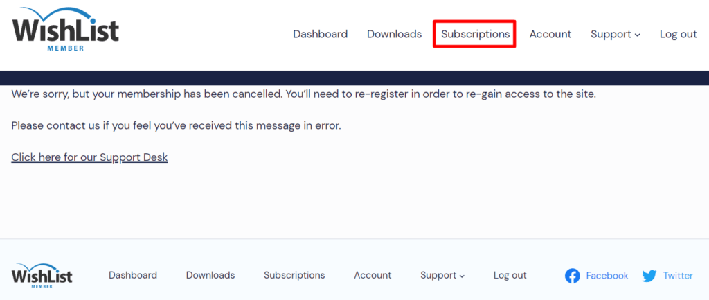 Image showing a membership cancelled message under the subscriptions area.