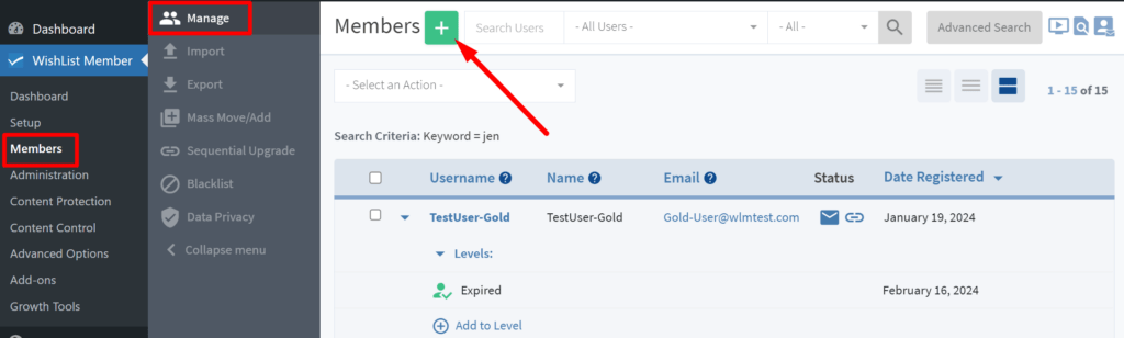 Screenshot of a membership management dashboard from WishList Member with navigation tabs on the left, including highlighted 'Members' section. The main panel shows a user list with a search bar, filter options, and member information such as username, email, status, and date registered.