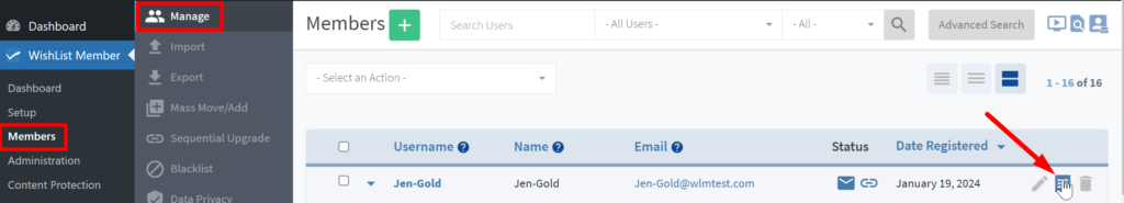 Screenshot of a WishList Member user management interface in a membership site's dashboard, highlighting the 'Members' section on the sidebar. The main panel shows a list of members with details like username, email, status, and date registered, with an arrow pointing to a 'profile' icon next to a member's registration date, suggesting the option to access a member's record.