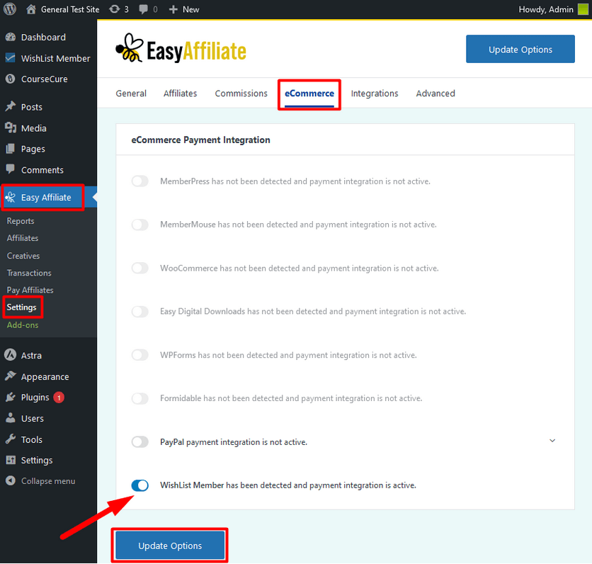 Screenshot of the ecommerce settings in Easy Affiliate highlighting the WishList Member Integration