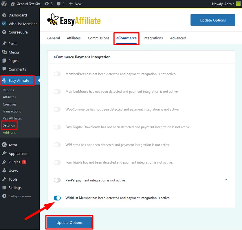 image-47 - WordPress Membership Plugin - Membership Sites Screenshot of the ecommerce settings in Easy Affiliate highlighting the WishList Member Integration