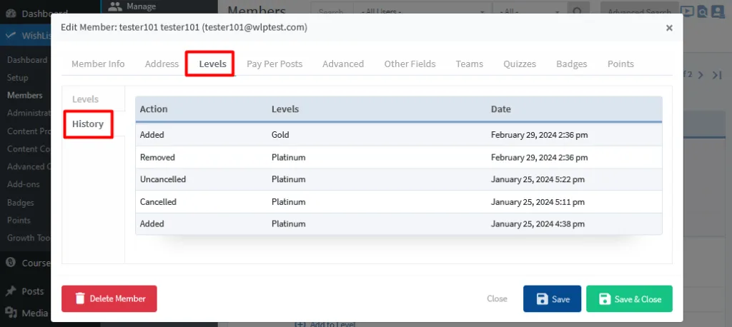 image-56 - WordPress Membership Plugin - Membership Sites Edit Member > Levels > History section of WishList Member