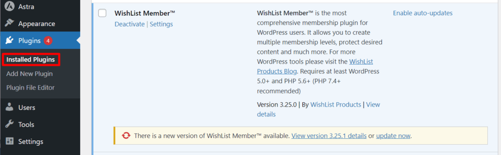 Image showing a new version of WishList Member is available under the Plugin page.