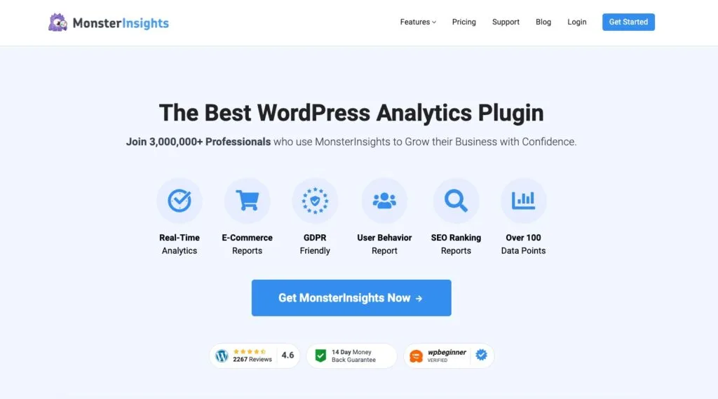 MonsterInsights homepage - WordPress Membership Plugin - Membership Sites MonsterInsights plugin homepage