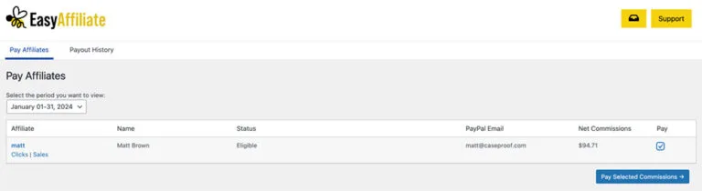 easy-affiliate-1-click-payout - WordPress Membership Plugin - Membership Sites Screenshot showing Easy Affiliate one-click payout.