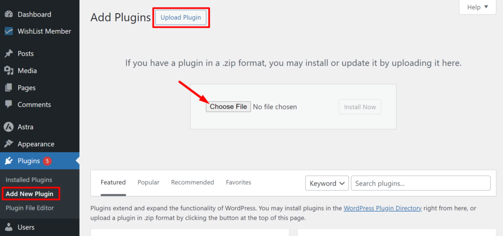 Screenshot of the WordPress dashboard showing the 'Add Plugins' page with a red box around the 'Upload Plugin' button and an arrow pointing to the 'Choose File' button, ready for uploading a new plugin in zip format.