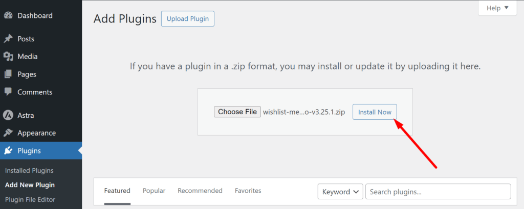 Screenshot of the 'Add Plugins' page in the WordPress dashboard with the 'wishlist-member-pro-v3.25.1.zip' file selected for upload, and an arrow pointing to the 'Install Now' button, ready to begin the installation process.