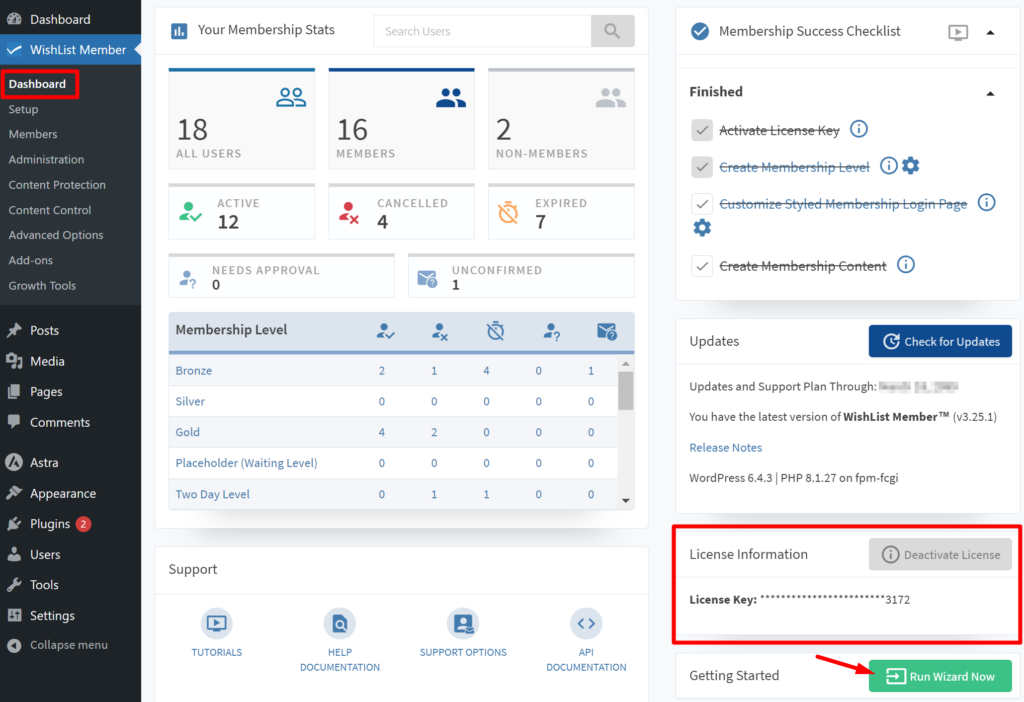 Screenshot of the WishList Member dashboard within WordPress, showing 'Your Membership Stats' and a 'Membership Success Checklist' with completed items. The 'License Information' section has a partially visible License Key and an arrow pointing to the 'Run Wizard Now' button, indicating the next step in setting up the WishList Member plugin.