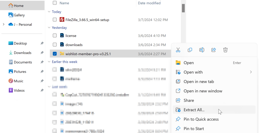Screenshot of a file explorer window with the 'wishlist-member-pro-v3.25.1' file selected, and a context menu open with the option 'Extract All...' highlighted, suggesting the next step to unzip the downloaded WishList Member plugin.