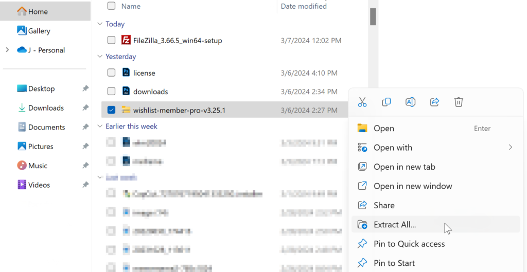 Screenshot of a file explorer window with the 'wishlist-member-pro-v3.25.1' file selected, and a context menu open with the option 'Extract All...' highlighted, suggesting the next step to unzip the downloaded WishList Member plugin.