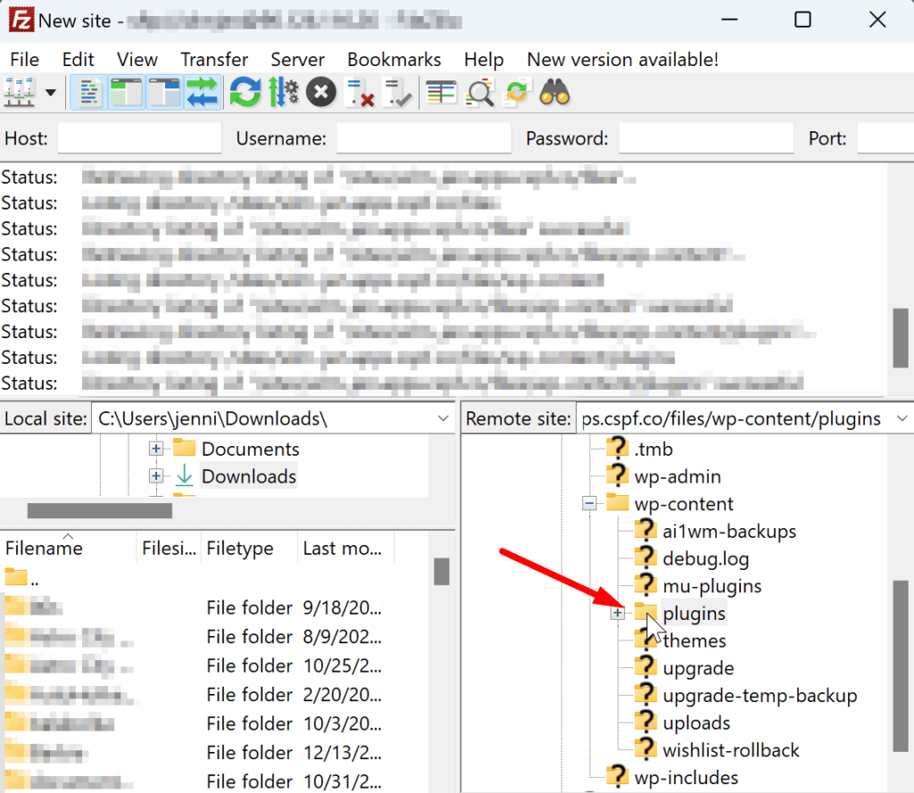 Screenshot of an FTP client interface with blurred connection details. The local site directory is set to the 'Downloads' folder on the user's computer, and an arrow points to the 'plugins' directory in the remote site panel, indicating where to upload the WishList Member plugin files to the WordPress site.