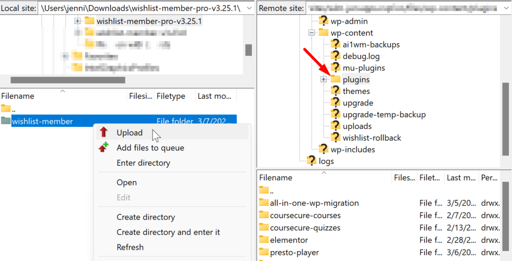 Screenshot of an FTP client interface with the 'wishlist-member' folder selected in the local site pane. A context menu is open with 'Upload' highlighted, and an arrow points to the 'plugins' directory of the remote WordPress site, indicating the action to upload the WishList Member plugin.