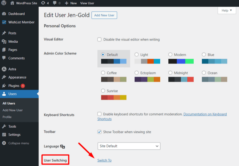 Screenshot of the WordPress user profile editing interface for a user named "Jen-Gold". The WordPress dashboard menu is visible on the left, with the 'Users' tab highlighted, indicating that the user is currently managing user accounts. The main panel displays various personal options for customization. Options include the Visual Editor toggle, Admin Color Scheme choices with multiple color options such as Default, Light, Modern, and others, and Keyboard Shortcuts. Additional settings include toggling the Toolbar when viewing the site, and a Language Selector marked 'Site Default'. The 'User Switching' feature is prominently indicated with a red arrow, pointing to a 'Switch To' button, suggesting the capability to quickly switch to the selected user's account for administrative purposes.