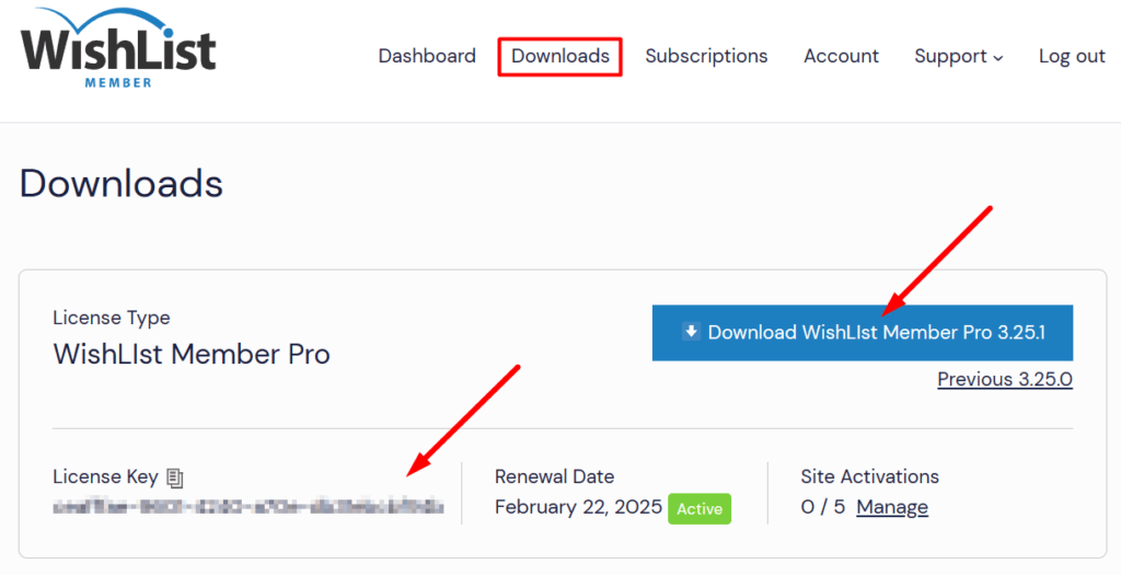 Screenshot of the WishList Member dashboard highlighting the 'Downloads' section with arrows pointing to the 'Download WishList Member Pro 3.25.1' button and obscured License Key, indicating the steps to download and activate the plugin.