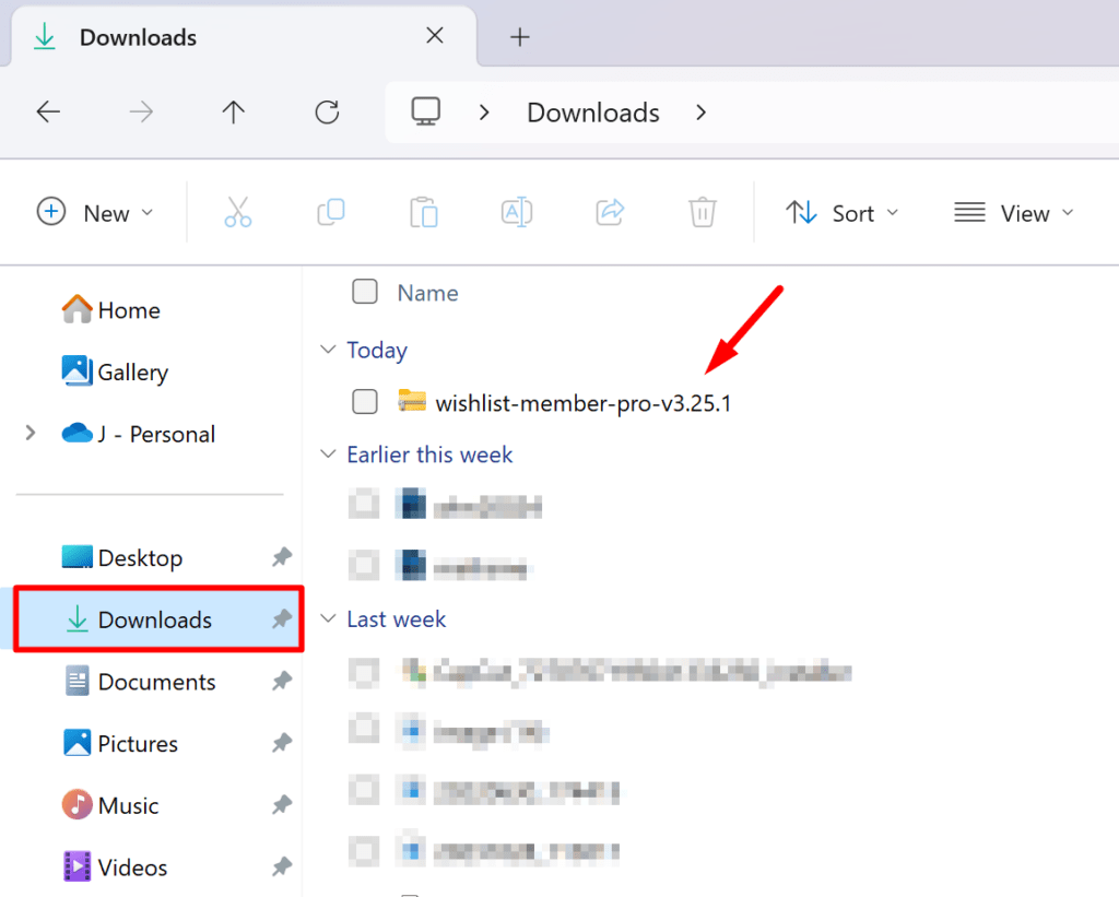 Screenshot of a file manager window with 'Downloads' folder selected, highlighted by a red box, and an arrow pointing to the 'wishlist-member-pro-v3.25.1' file, indicating the location of the recently downloaded WishList Member plugin