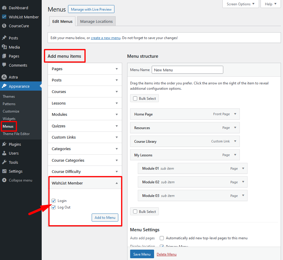 Add a Login and/or Log Out Menu Item to your Membership Site - WordPress Add Menu Items