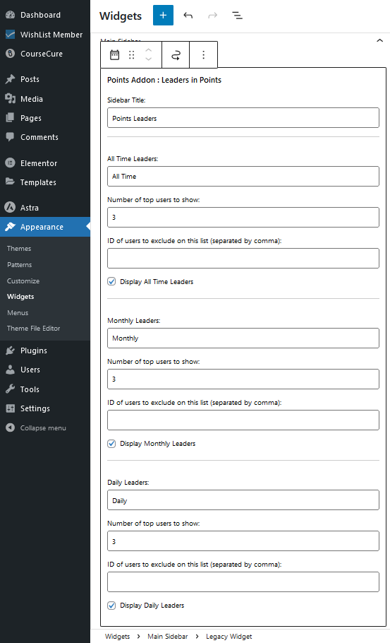 WishList Member Points Add-on - Leaderboard Widget Settings