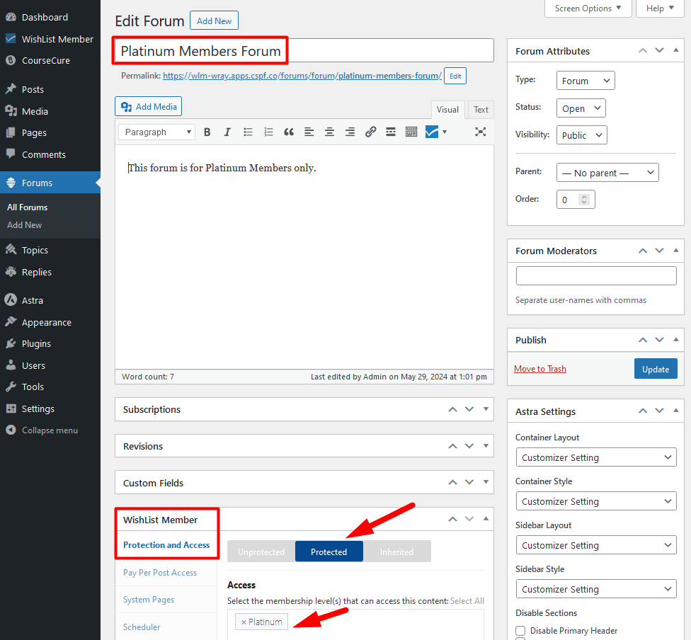 Using a Forum on a WishList Member Site - Setting Protection and Access