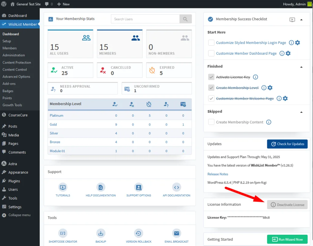 WishList Member Dashboard - Deactivate License Key