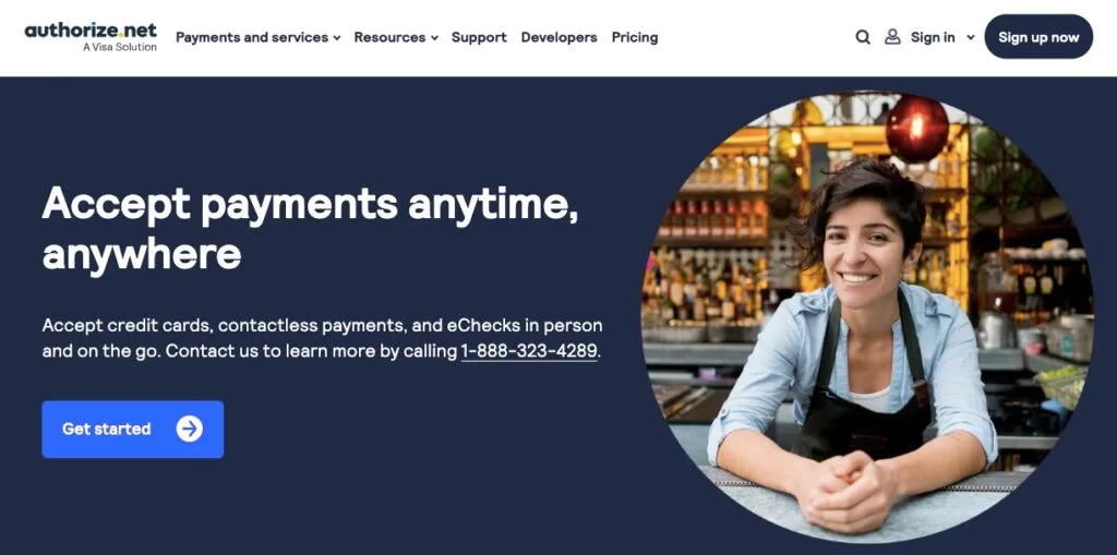 Screenshot of Authorize.net homepage