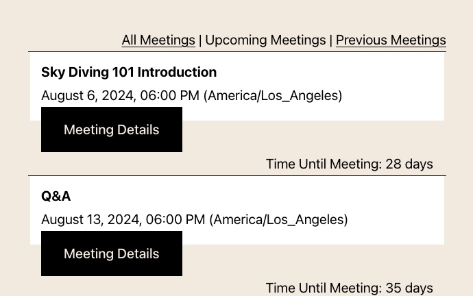 Upcoming Zoom Meetings List as viewed by members.