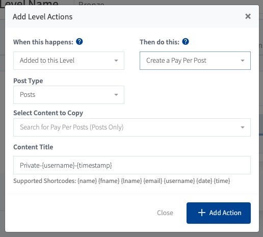 Screenshot of how to automatically create a pay-per-post when someone is added to a level.