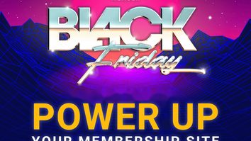 Promotional graphic for WishList Black Friday: “Power Up Your Membership Site.” The neon retro design emphasizes savings for members.