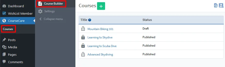 CourseCure - WordPress Membership Plugin - Membership Sites Admin Courses page: left navigation shows Course Builder > Courses; main list shows four courses with statuses (Draft or Published).