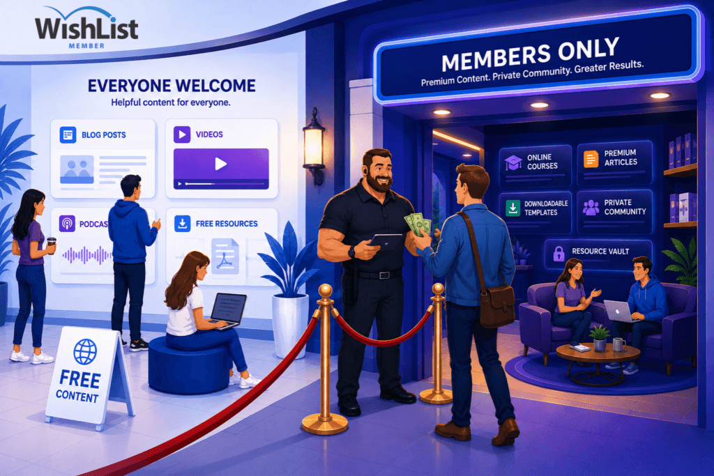 Scene of a media lounge for a membership site with 'Everyone Welcome' and 'Members Only' areas surrounding a central security/ambassador figure talking to a visitor with cash and tablet handling.