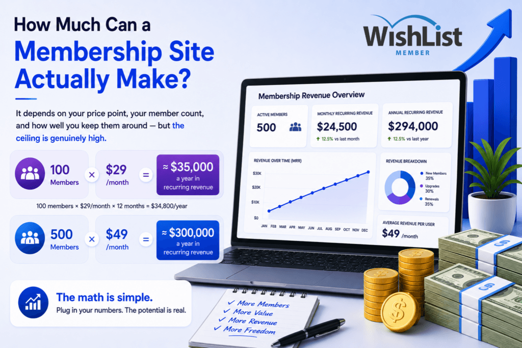 Marketing infographic about membership revenue growth with WishList logo, a laptop dashboard, and cash stacks in a bright blue design.