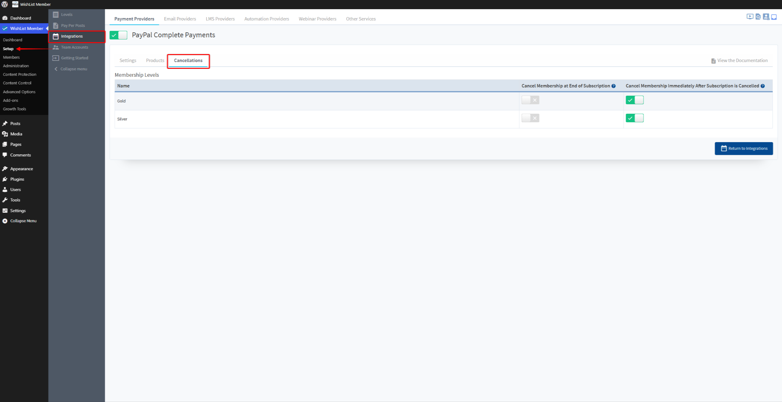 WishList Member Integrations page showing PayPal Complete Payments, with Cancellations tab and two membership levels (Gold, Silver) and their cancellation toggles