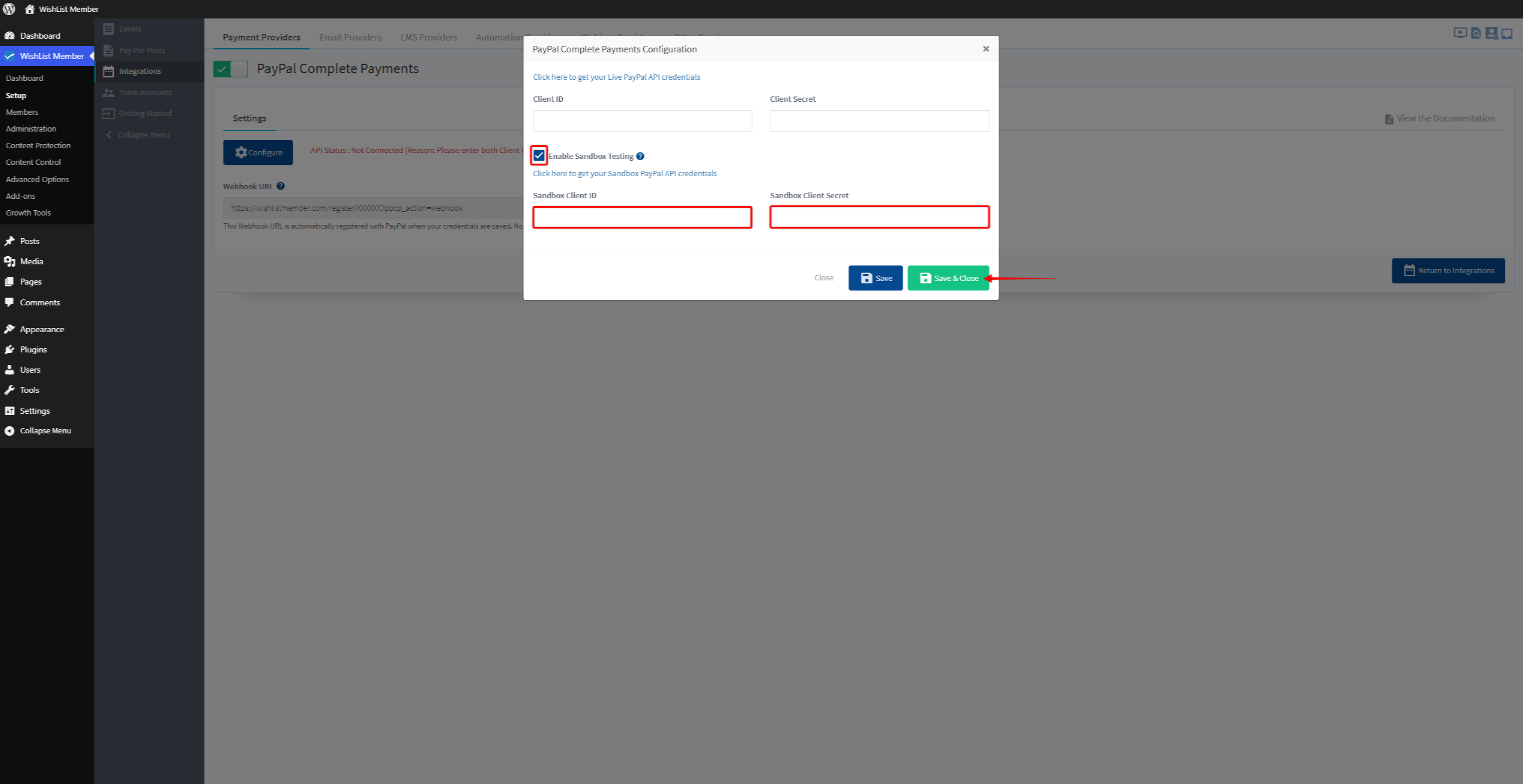 PayPal Complete Payments configuration modal with Client ID, Client Secret, Sandbox Testing toggle, and Save / Save & Close buttons.