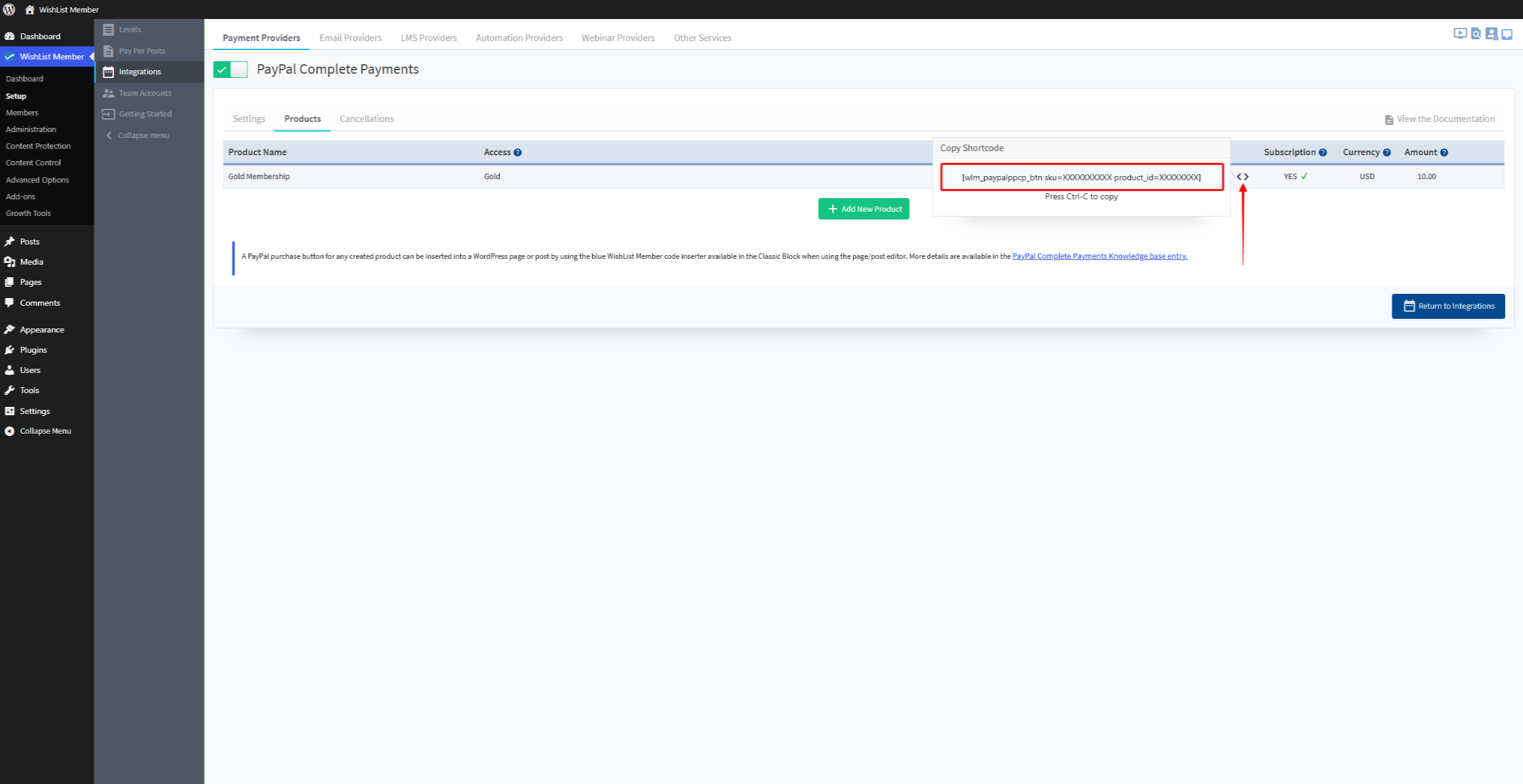 WishList Member PayPal Complete Payments screen showing Gold Membership product and a Copy Shortcode dialog highlighted in the Products tab