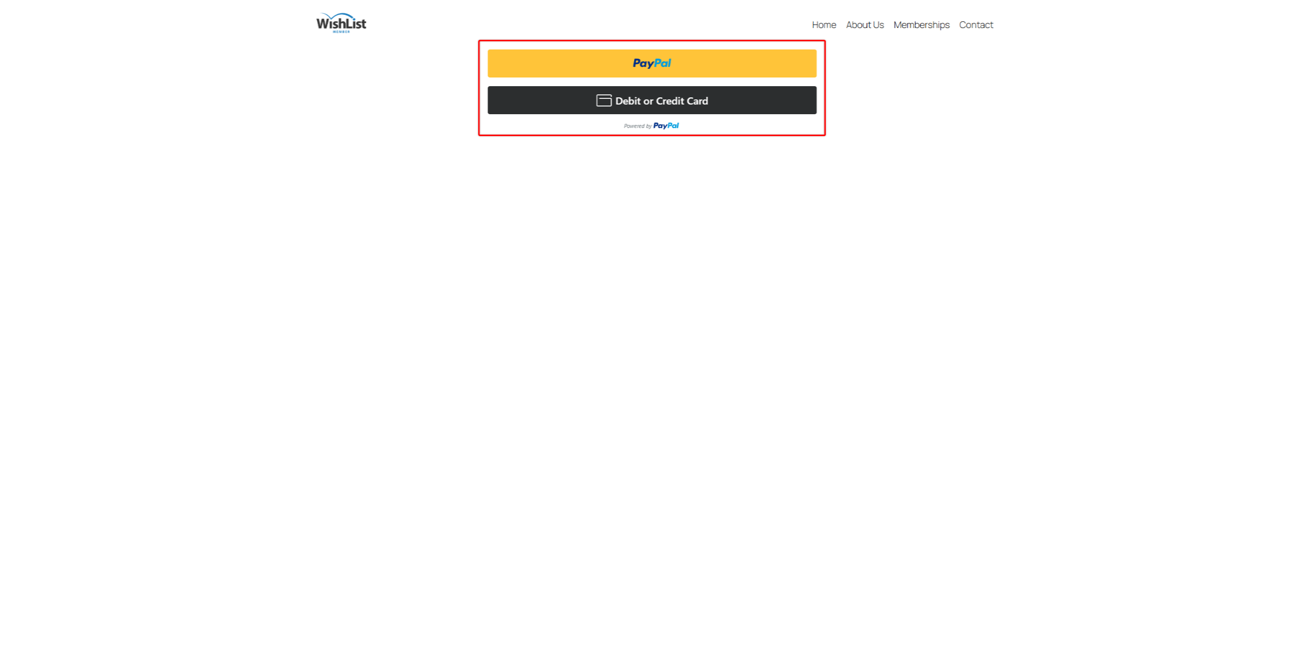 WishList header with a PayPal payment widget showing PayPal and Debit or Credit Card options inside a red-bordered box