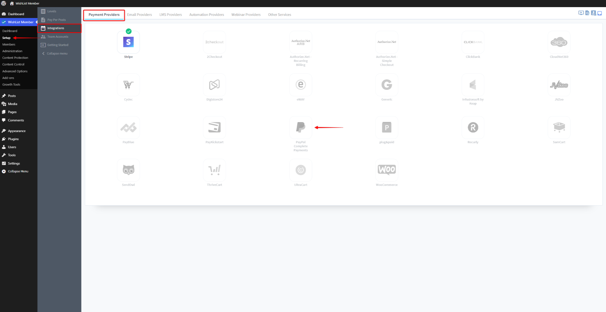 WishList Member admin: grid of payment provider icons under the Payment Providers tab; Stripe tile visible.