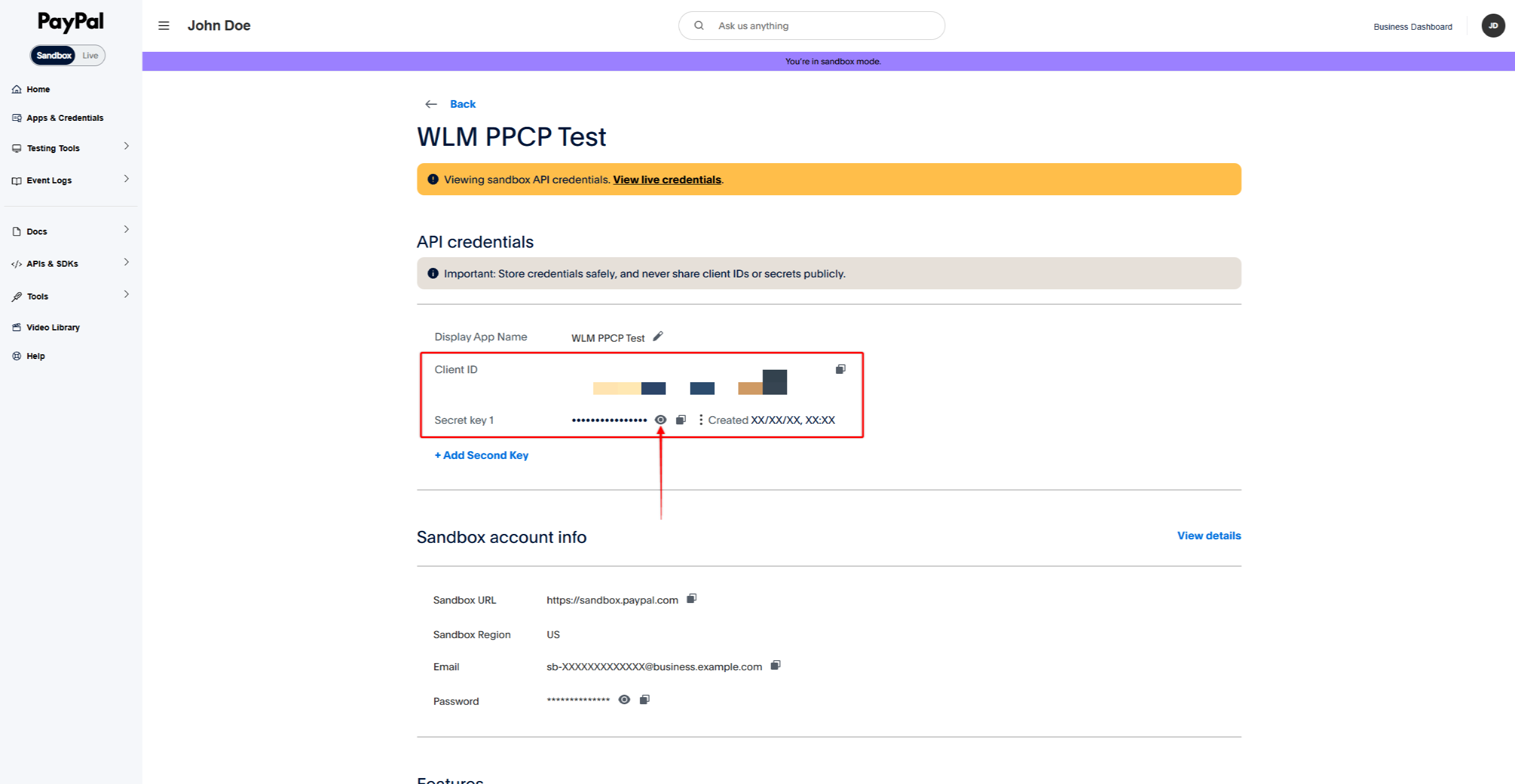 WLM PPCP Test page showing API credentials: Client ID and Secret key fields highlighted in a red box with a copy icon nearby
