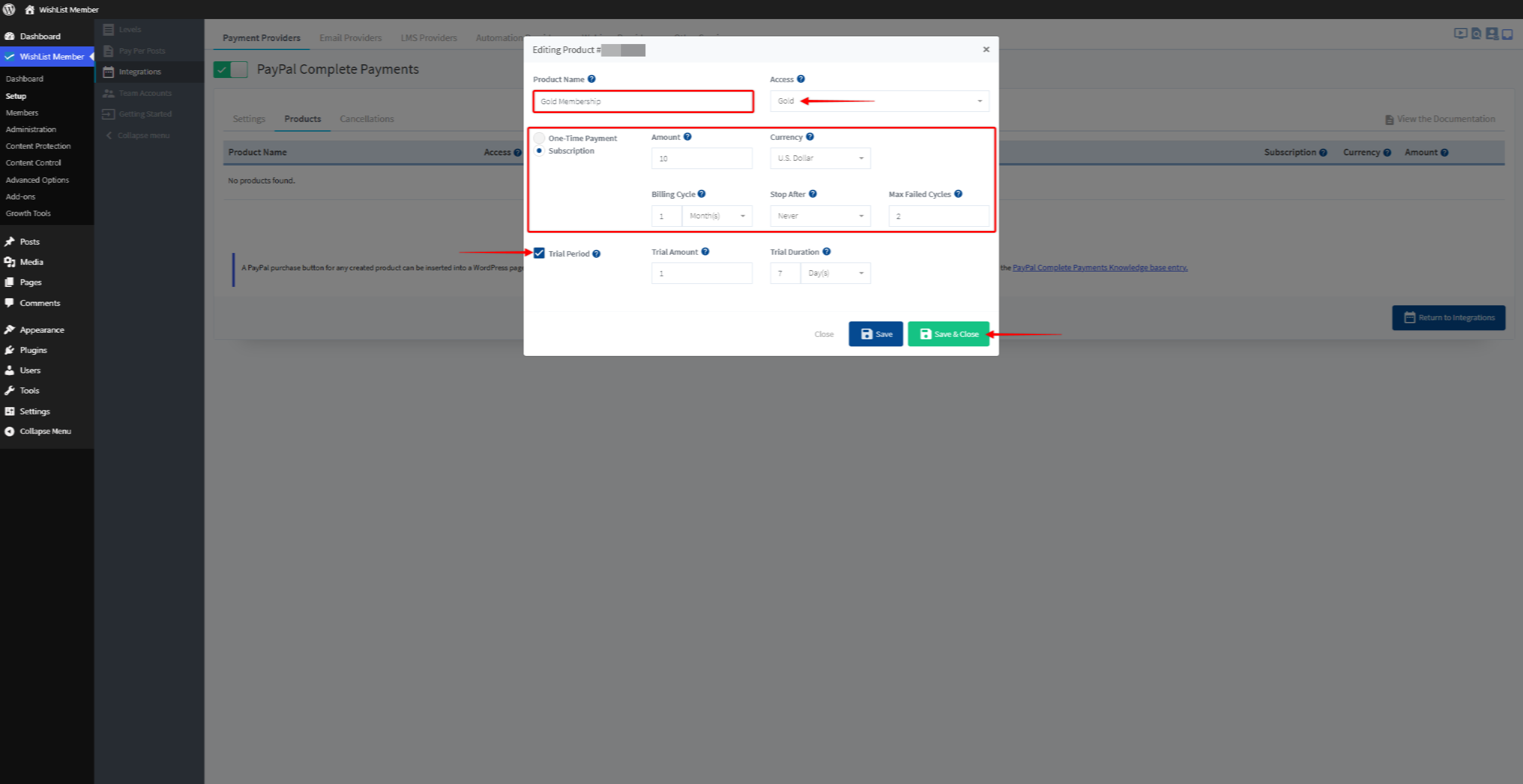 Modal dialog to edit a Gold Membership product: subscription pricing ( USD) with 1-month billing, 2 max failed cycles, and trial (1 unit, 7 days); Save or Save & Close.