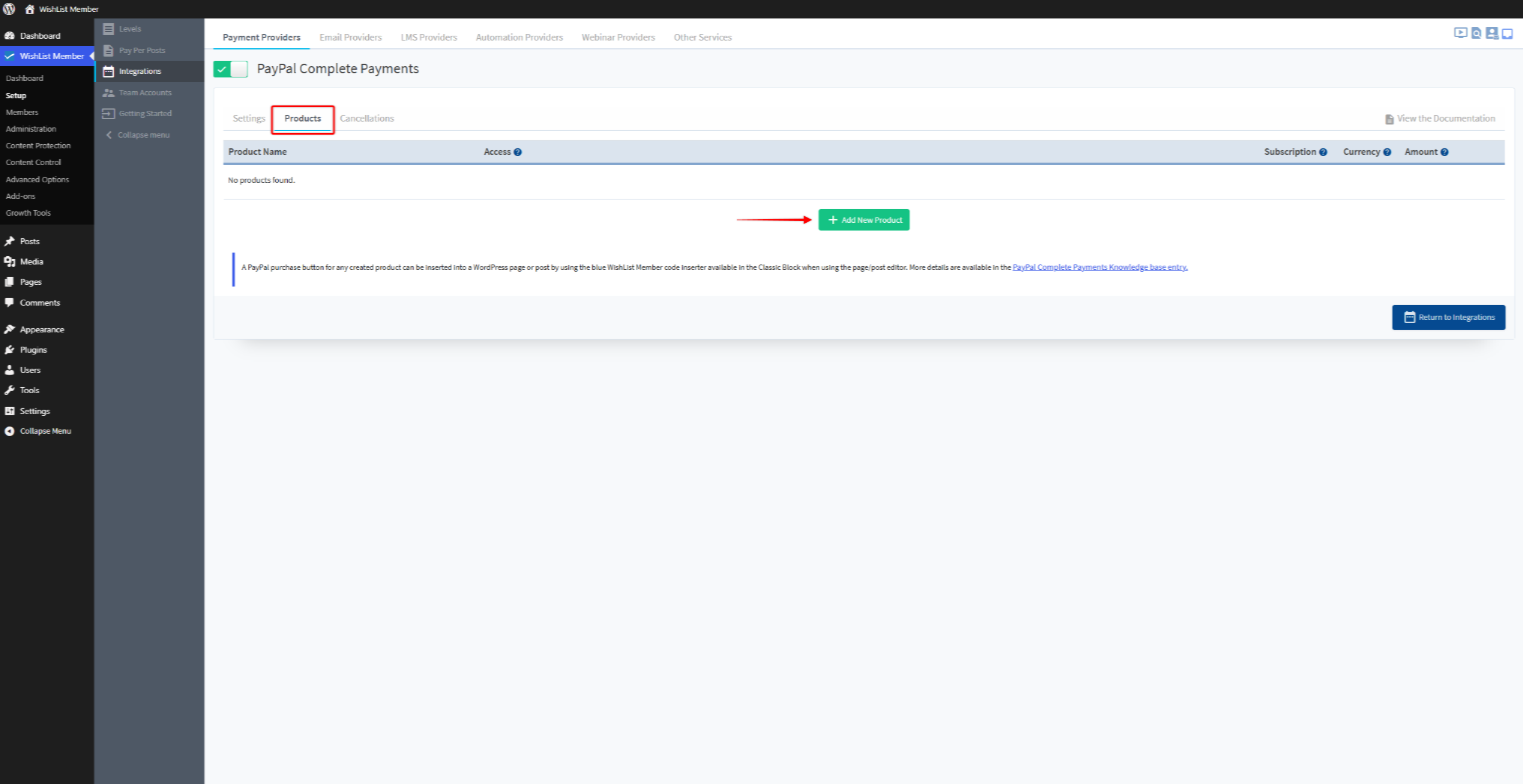 WordPress admin view for WishList Member: PayPal Complete Payments page with the Products tab selected, showing 'Add New Product' button and 'No products found' message; left navigation sidebar visible.