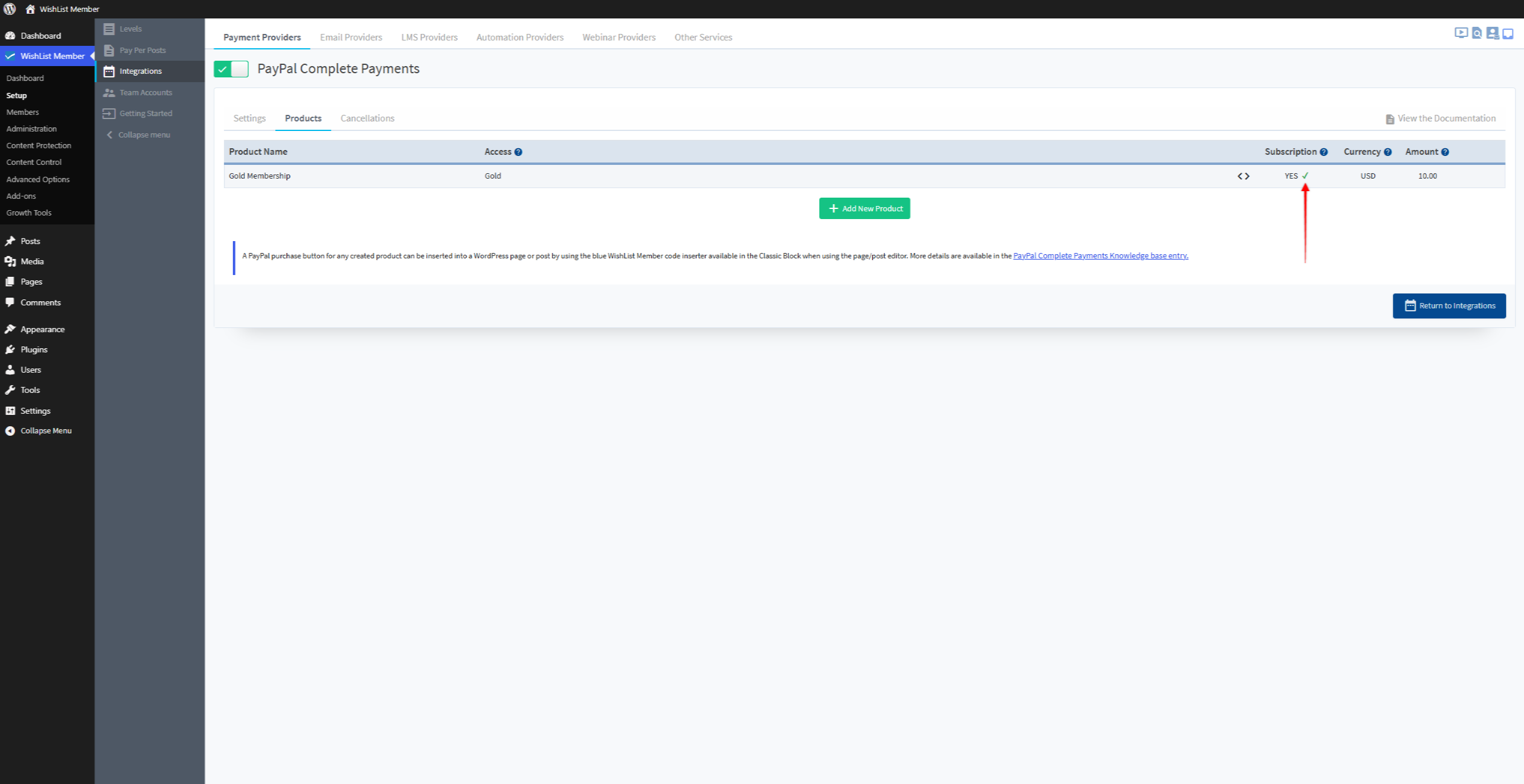 WishList Member PayPal Complete Payments screen showing Gold Membership, USD 10, subscription enabled