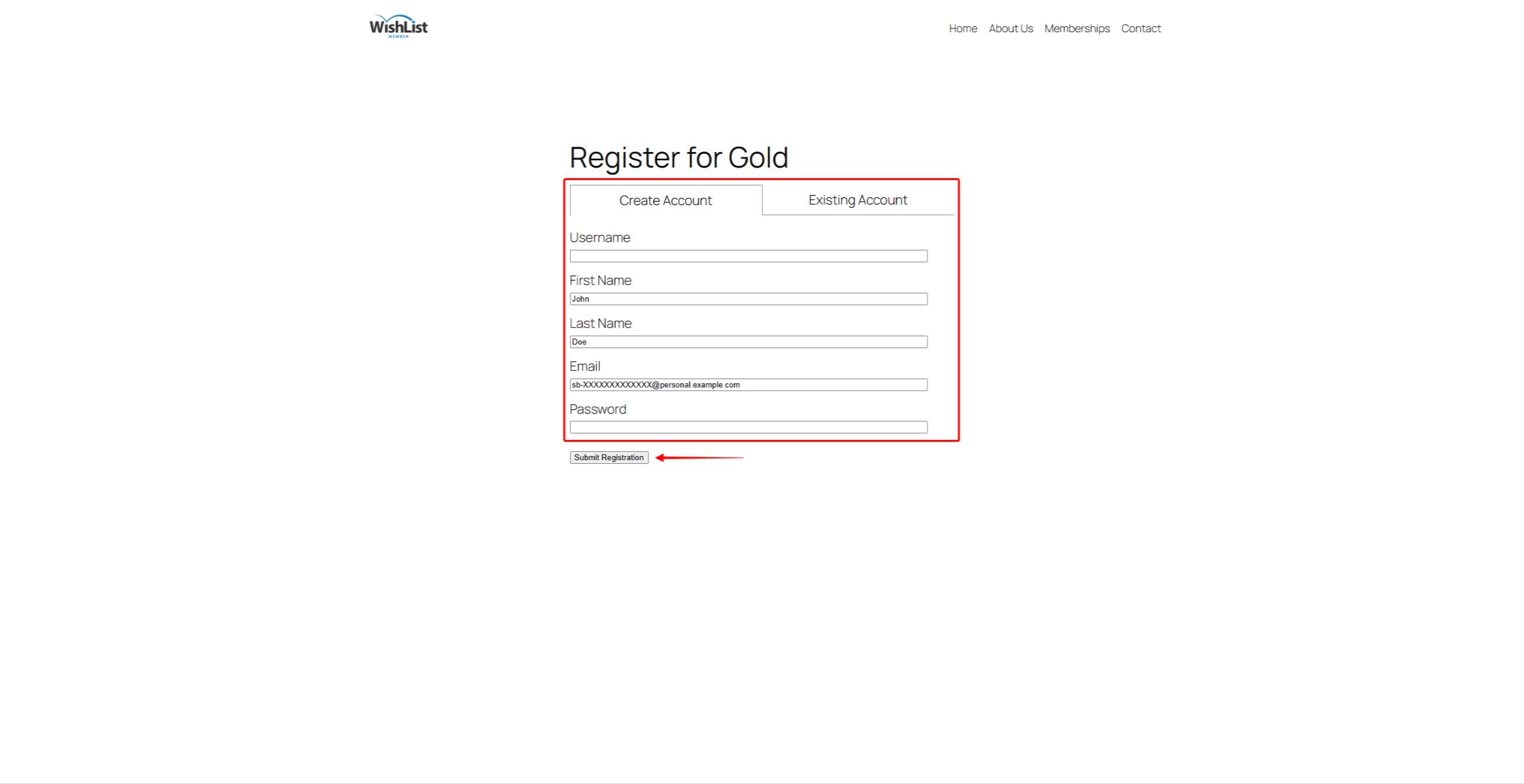 Registration form titled 'Register for Gold' with Create Account and Existing Account tabs, fields for Username, First Name, Last Name, Email, Password, and a 'Submit Registration' button outlined in red.