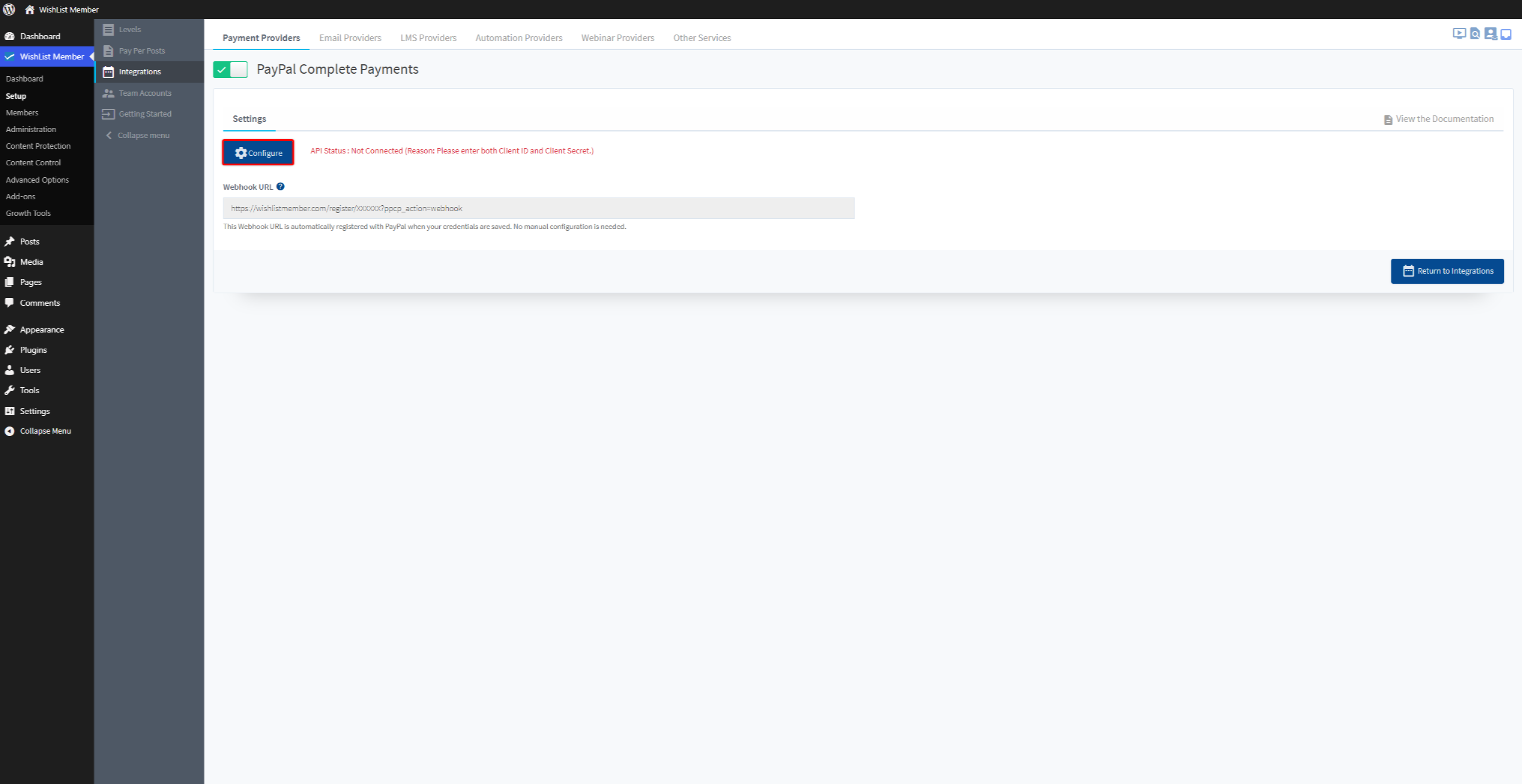 WordPress admin: WishList Member PayPal Complete Payments settings with a Configure button highlighted