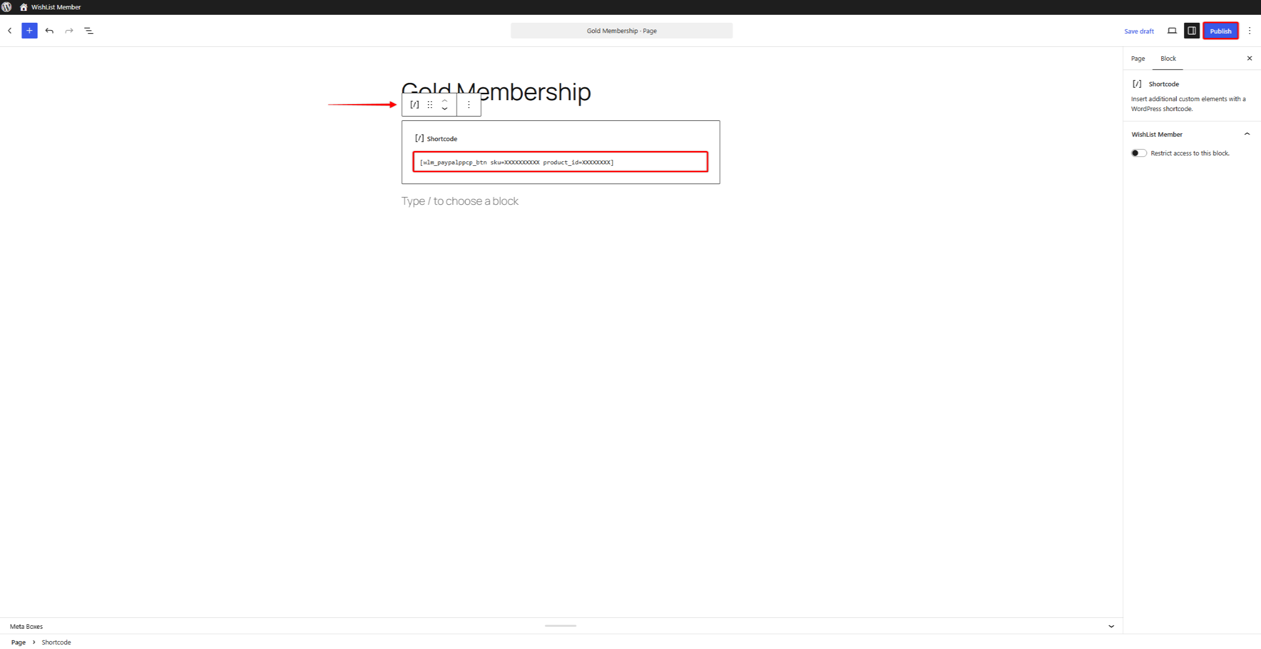 Gutenberg block with a WishList Member shortcode for a PayPal button: [wlm_paypalppc_btn sku=… product_id=…] (WordPress editor)