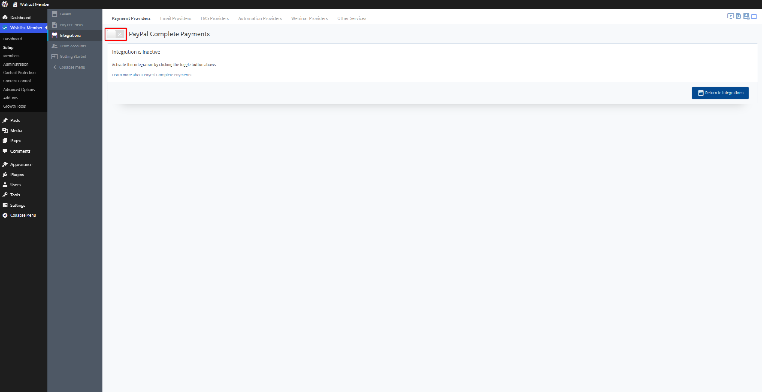 WordPress admin screen showing PayPal Complete Payments integration marked as inactive with a red-bordered close button.