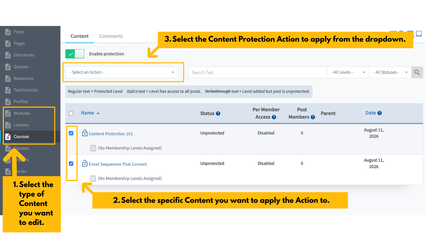 5 - WordPress Membership Plugin - Membership Sites Dashboard UI showing Content Protection setup with left navigation (Modules, Courses) and steps: select content type, pick items, apply action to two courses (Content Protection 101, Email Sequences That Convert) with Unprotected status.